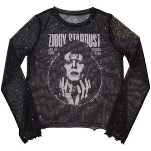 David Bowie Womens/Ladies Ziggy V1 Mesh Long-Sleeved Crop Top / Black